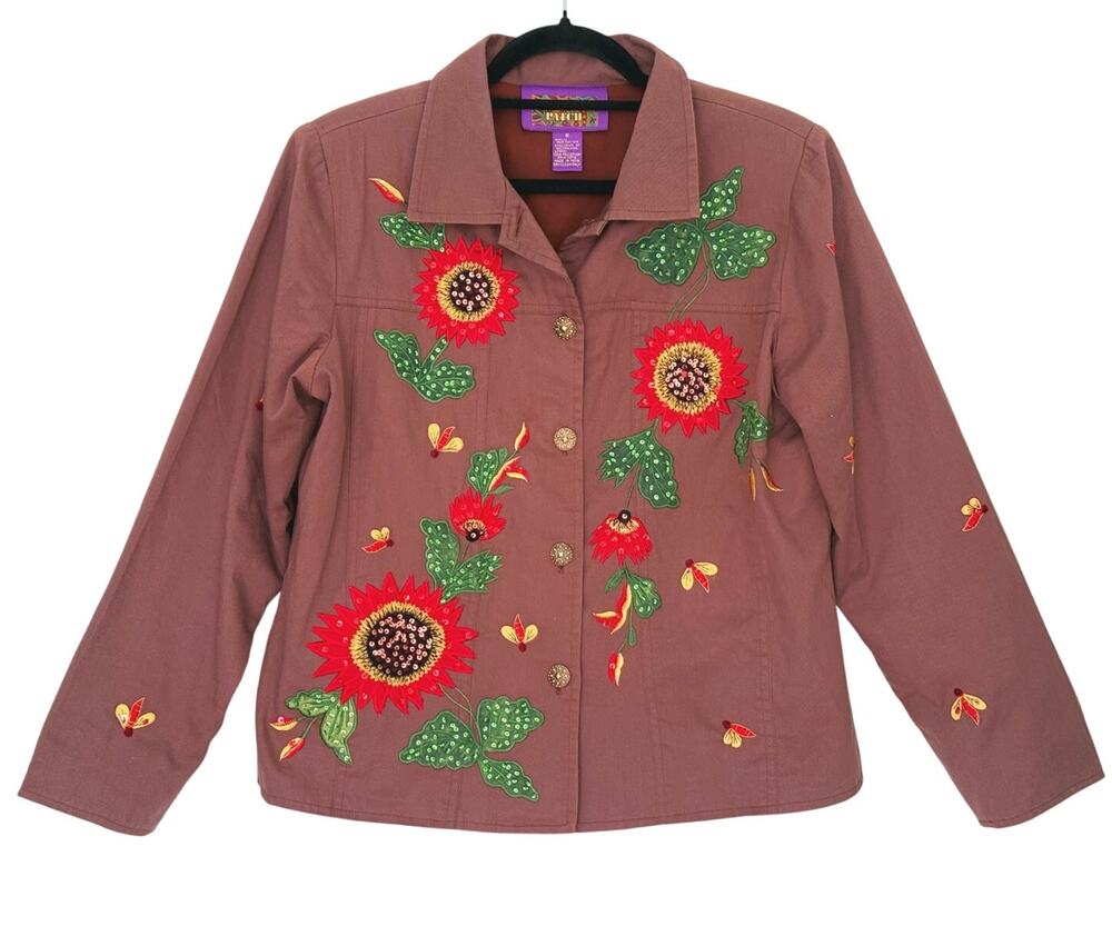 Vintage Tapestry Patch Embroidered Sunflower Sequin Jacket Small Brown Indie